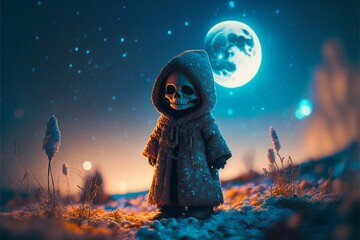 AI generated illustration of a baby grim reaper in the graveyard. - obrazy, fototapety, plakaty