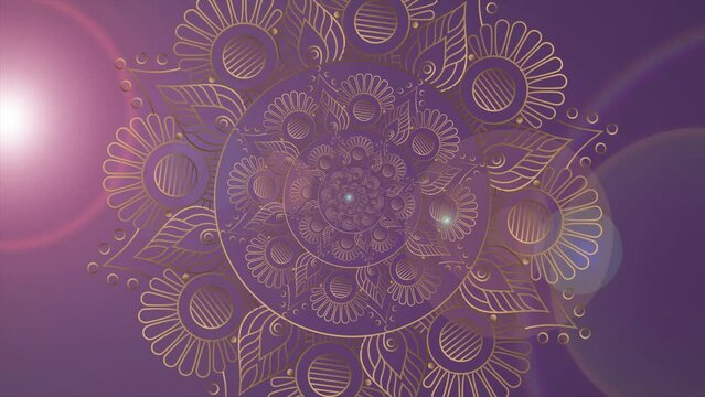Gold and dark purple mandala ornament background looping smoothly, arabic islamic style for any purpose. Abstract ornamental digital gold color mandala. Floral vintage decorative elements oriental