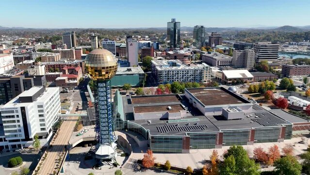 aerial over the sunsphere at world's fair park in knoxville tennessee