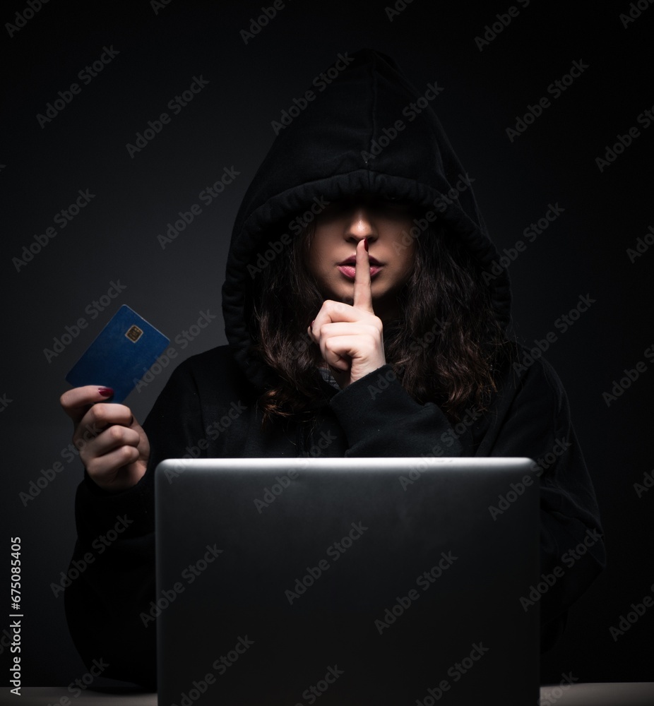 Poster female hacker hacking security firewall late in office