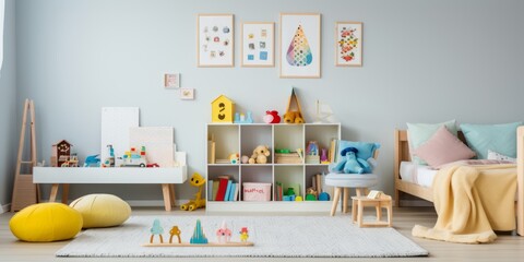 montessori interior style furniture and decorating children room daylight home interior design concept - obrazy, fototapety, plakaty