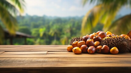 Old Wooden table with oil palm fruits and palm plantation in the background  - For product display montage of your products. - obrazy, fototapety, plakaty