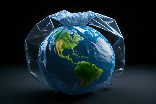 Earth inside a single-use plastic bag. Environmental awareness. AI-generated.
