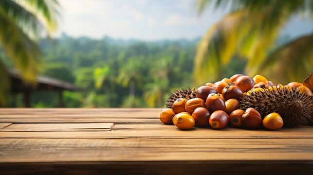 Old Wooden table with oil palm fruits and palm plantation in the background  - For product display montage of your products.