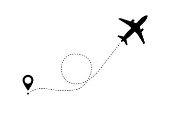 Aircrafts line path vector icon air plane flight route with start point and dash line trace on white background. Airplane travel concept with map pins, GPS points.