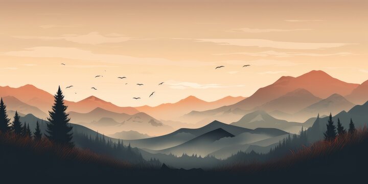 Landscape illustration of beautiful mountains with a mist filled valley. 