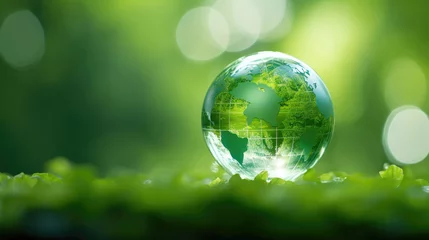 Fotobehang Glass globe earth on Green background with Copy space. Earth Day - Environment , Conservation Concept,save clean planet, ecology concept. Card for World Earth Day. © Planetz