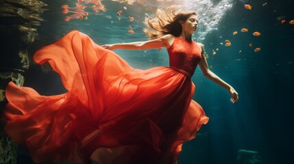 high fashion woman portrait photoshoot beautiful woman in glamour red dress float freedom swim in deep blue pool - obrazy, fototapety, plakaty