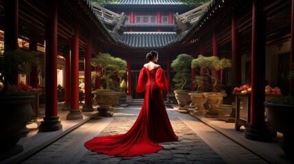 beautiful woman glamour red dress walking in stuning asian landscape and garden rear view fashion photo shooting daytime dramatic lighting setup - obrazy, fototapety, plakaty