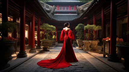 Fotobehang beautiful woman glamour red dress walking in stuning asian landscape and garden rear view fashion photo shooting daytime dramatic lighting setup © VERTEX SPACE