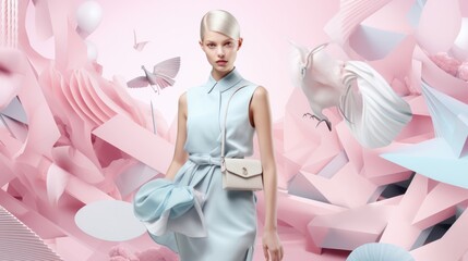 stylish glamour woman advertisment fashion mood board backdop hign fashion woman with 3d element scene stage backdrop freshness new fashion ideas in pastel colour scheme concept - obrazy, fototapety, plakaty