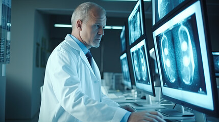Doctor checking x-ray film in medical laboratory at hospital.