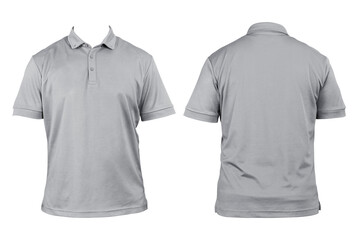 Blank clothing for design. Gray polo shirt, clothing on isolated white background, front and back...