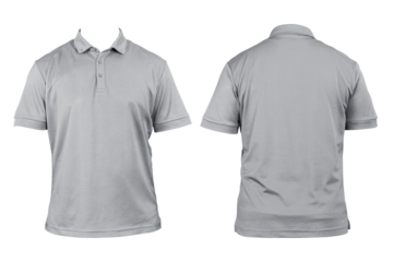 Blank clothing for design. Gray polo shirt, clothing on isolated white background, front and back view, isolated white, plain t-shirt. Mockup. Printable polo shirt design presentation.
