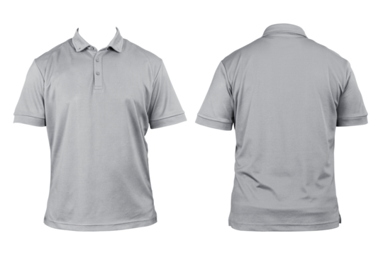 Blank clothing for design. Gray polo shirt, clothing on isolated white background, front and back view, isolated white, plain t-shirt. Mockup. Printable polo shirt design presentation. - Powered by Adobe