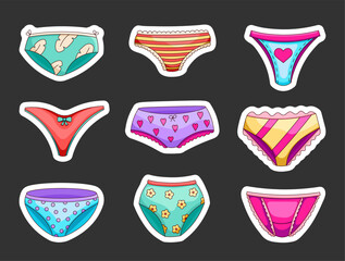 Women lingerie panties. Sticker Bookmark. Underwear types string, thong, bikini. Hand drawn style. Vector drawing. Collection of design elements.