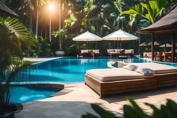 A Swimming pool in a tropical garden with lounge chairs and a sun umbrella