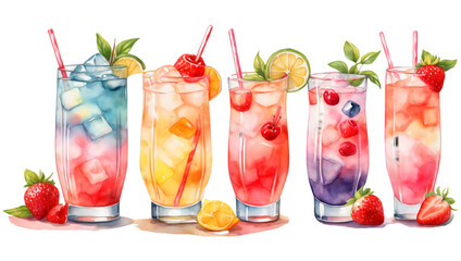 Collection of cute watercolor cocktails drink. Drinks for refreshment and party. - obrazy, fototapety, plakaty