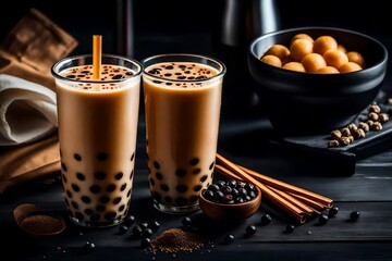 Delicious brown milk bubble tea on a table made of black wood