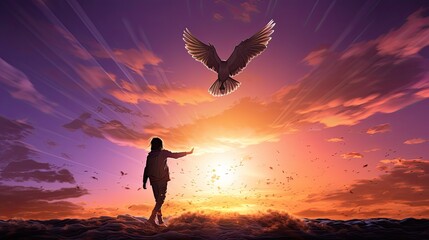 A man and a pigeon in flight against the background of the setting sun.Generated by AI.