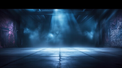 Obraz premium A dark empty street, dark blue background, an empty dark scene, neon light, spotlights The asphalt floor and studio room with smoke float up the interior texture. night view