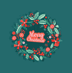 Merry Christmas greeting card with wreath. Vector illustration