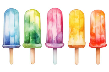 Watercolor collection of cute kawaii pop ice. Sweet ice treat. Pastel tone design. Pop ice isolated on white background. 