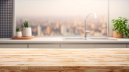 Empty beautiful wood table top counter and blur bokeh modern kitchen interior background in clean and bright,Banner, Ready for product montage - obrazy, fototapety, plakaty
