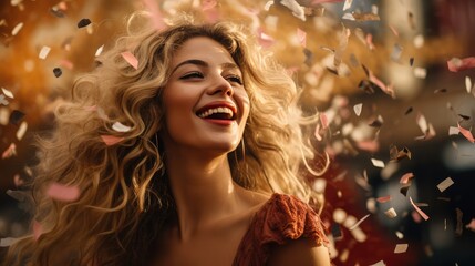 Naklejka premium Young happy, cheerful girl with curly hair at a holiday, falling confetti, carnival new year