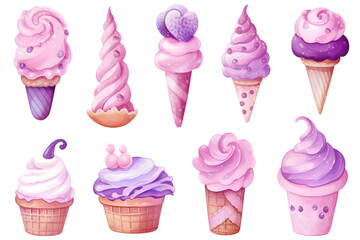 Set of watercolor ice collection. Pastel purple design set of sweet kawaii cute ice cream. 