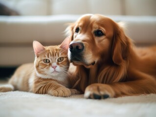 adorable ginger cat and a loyal golden retriever