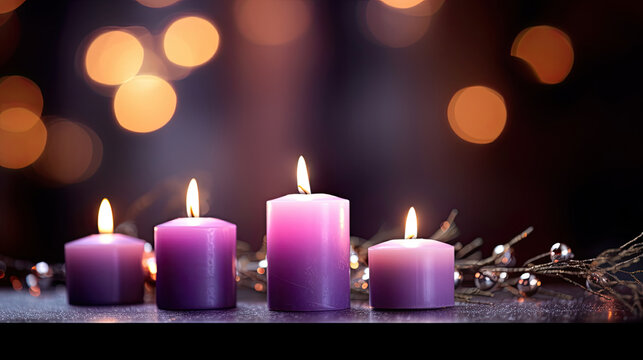 Advent Candles - Four Purple Votive Candlelight In Church With Defocused Abstract Lights on blur background