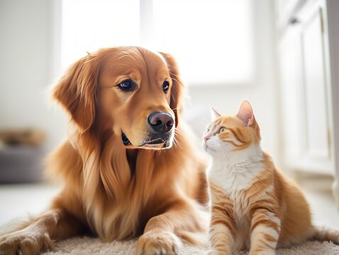 adorable ginger cat and a loyal golden retriever
