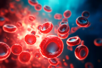 3D render depicting red blood cells in a vein with depth of field, showcasing the directional flow within a blood vessel. Bright image. 