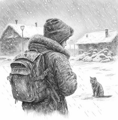 AI generated illustration of a boy with a backpack with his cat during winter