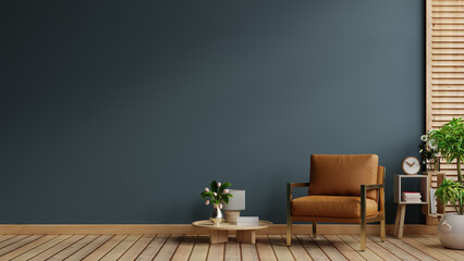 Dark blue living room interior with cozy leather armchair - obrazy, fototapety, plakaty