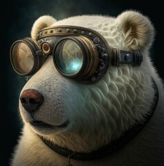 AI generated illustration of a white bear wearing safety goggles with a bright blue light reflection