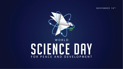 World science day for peace and development. Vector illustration of origami paper birds and science symbols. Suitable for banners, web, social media, greeting cards etc