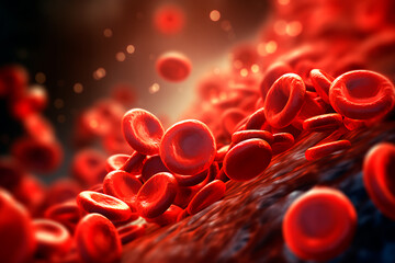 3D render depicting red blood cells in a vein with depth of field, showcasing the directional flow within a blood vessel. Bright image.  - obrazy, fototapety, plakaty