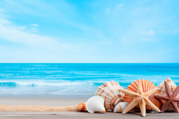 Fototapeta na wymiar Coastal concept with seashells and starfish arranged on a blue wooden background, capturing the essence of a beach scene. 