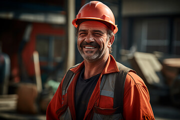 A middle-aged or older man working on a construction site, wearing a hard hat and work vest, with a smirking expression. Bright image. 