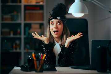 Excited Businesswoman Wearing Flapper Girl Costume at Office Party. Cheerful workaholic woman...