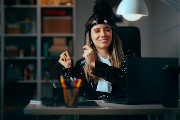 Cheerful Businesswoman in Flapper Girl Costume Dancing in office. Happy worker having fun at the...