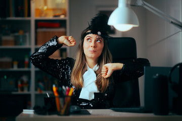 Cheerful Businesswoman in Flapper Girl Costume Dancing in office. Happy worker having fun at the office during holidays

