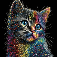 AI-generated illustration of a kitten painted with many colorful dots on a black background