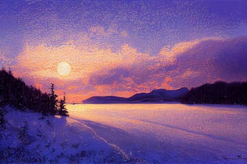 AI generated illustration of  snow covered field and forested hills under cloudy sky