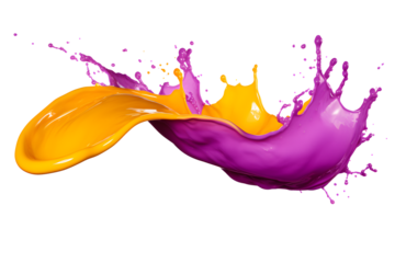 yellow and purple paint splash isolated on transparent background - splashing effect design element PNG cutout