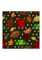 Editable Vector Illustration of Rainy Autumn Falling Leaves Seamless Pattern With Dark Background for Decorative Element of Nature and Season Related Design