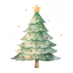 Watercolor Christmas tree with star, hand draw illustration on white background