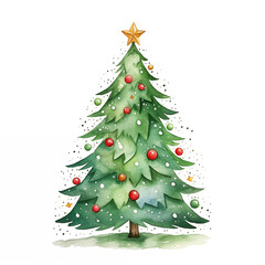 Watercolor Christmas tree with star, hand draw illustration on white background